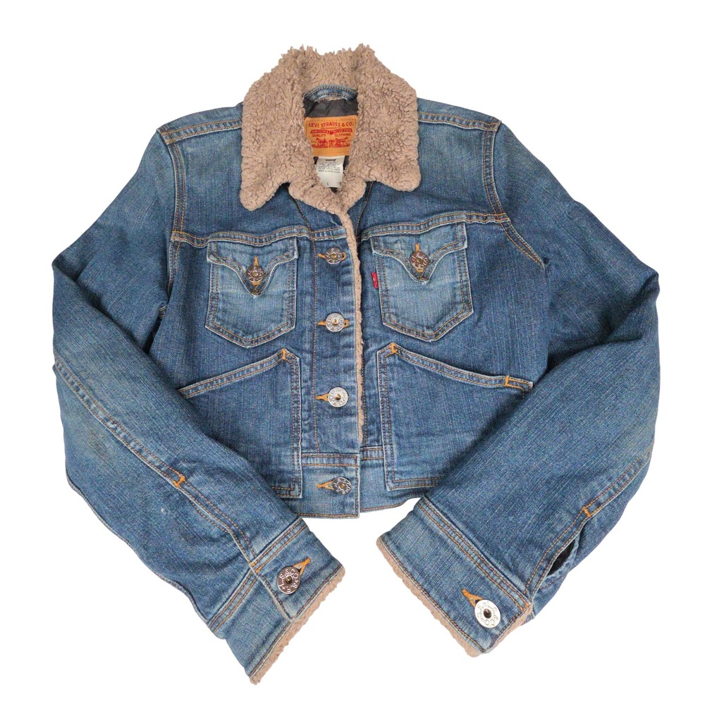 Vintage Levi's Sherpa Trim Cropped Denim Trucker Jacket Women L Type III Y2K